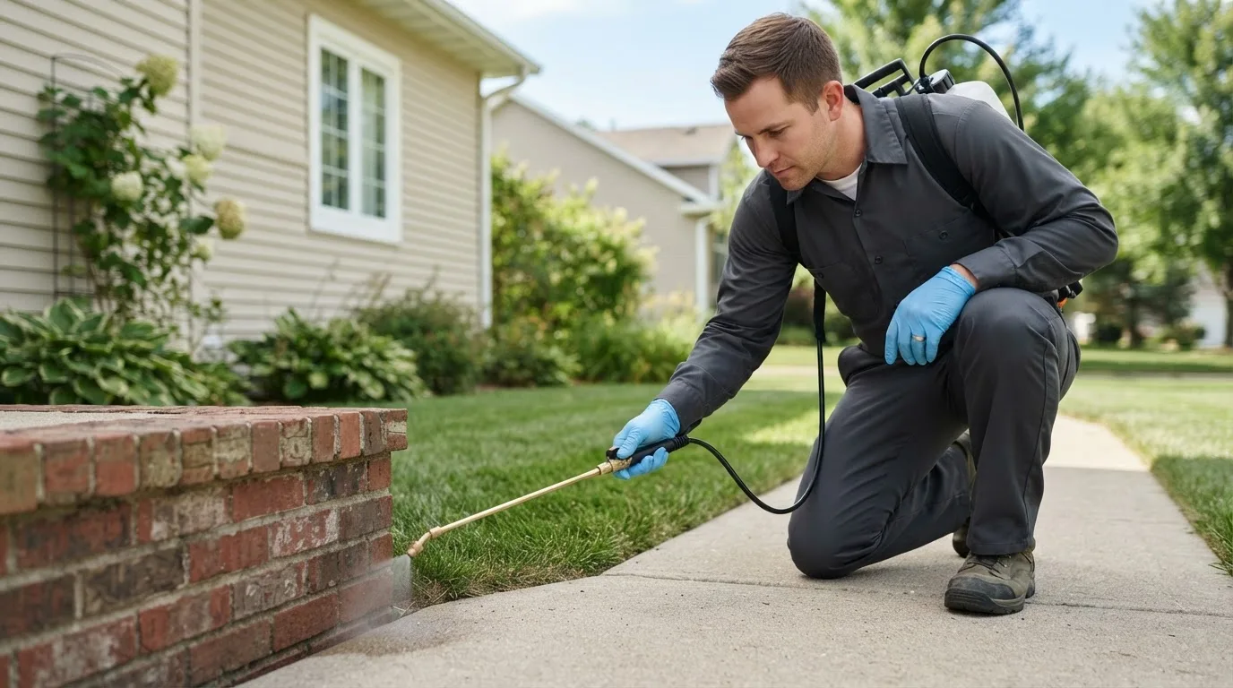 Pest control technician treating a home near Churchs Ferry, ND