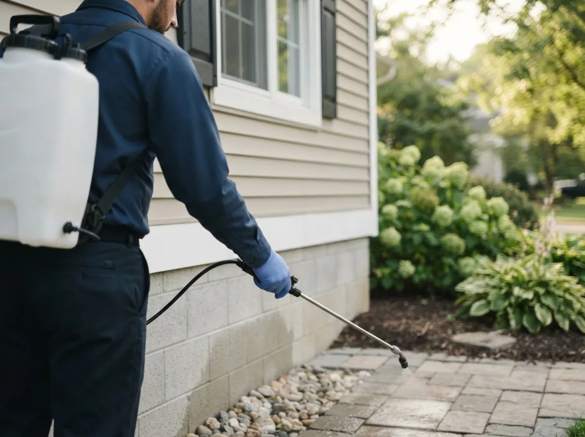 Pest control technician inspecting a home in Churchs Ferry, ND